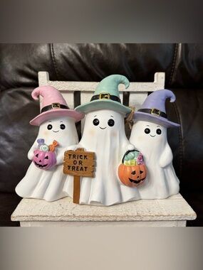 Cute Halloween Ghost Trio with Pastel Witch Hats